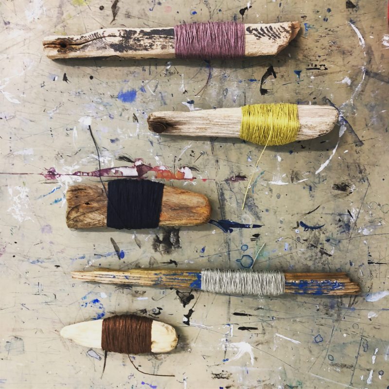 The Travelling Bookbinder film shoot. Driftwood bobbins with linen thread