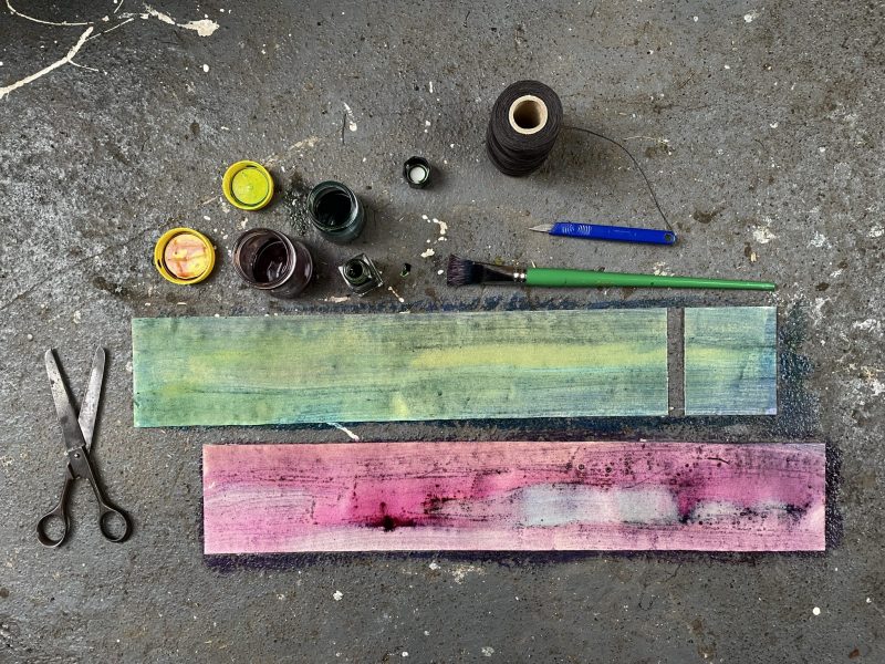 The Travelling Bookbinder: Cut Collage Concertina. Remove an eighth of one and paint the reverse of the other