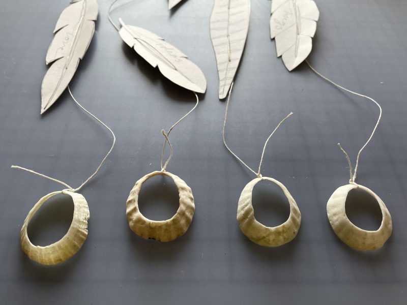 The Travelling Bookbinder: Bookart project: Twelve Gifts: Attach button or shell on each thread